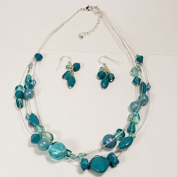 Turquoise Layered Necklace, Earrings Set – Multi-Strand Beaded Statement Jewelry - Picture 4 of 7